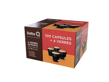 Set capsules et verres Capsules DELTA DELTA Q COFFEE 100 CAPS + 4 VERRES