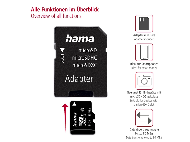 Hama MicroSDXC 64GB + Adattatore SD - Scheda Di Memoria Per Video Full HD E 3D, UHS-I, Classe 10