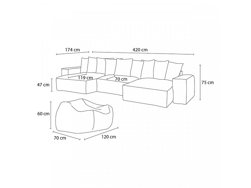 Canapé d'angle avec pouf BOBOCHIC VOLTAIRE