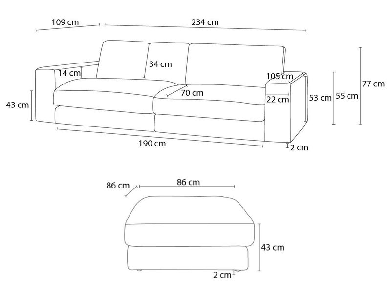 Canapé 3 places avec pouf BOBOCHIC LEONARD