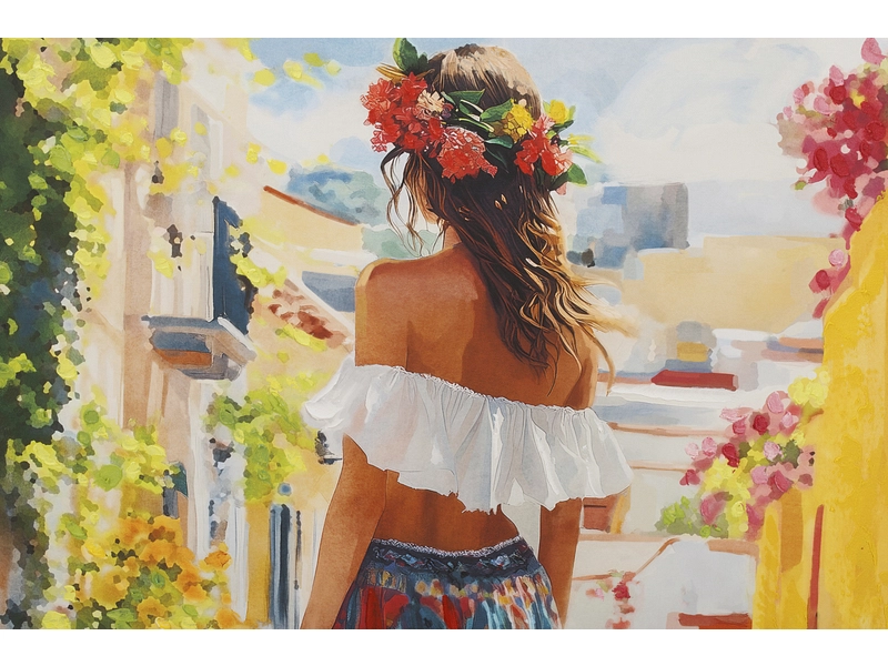 Bedruckte und handbemalte Leinwand ANDALOUSE 1 Stück mehrfarbig