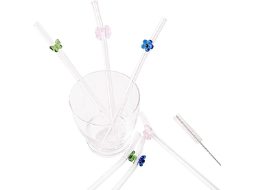 6 Cannucce In Vetro Con Motivo A Fiocco – Set Riutilizzabile Fatto A Mano In Borosilicato Con Scovolino, 20 Cm - 5