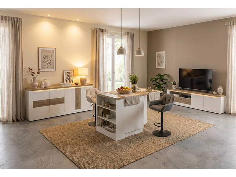 Îlot central ISCHIA mélamine blanc laqué