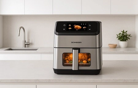 air fryer sur plan de travail de cuisine blanc