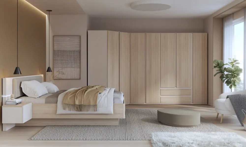 grosser, hellholzfarbener Kleiderschrank in einem minimalistisch eingerichteten Schlafzimmer in Weiss und Beige