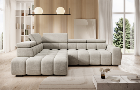 grand canapé d'angle gris clair dans un salon moderne et design