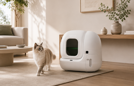 Katze vor ihrem weißen, vernetzten, selbstreinigenden Katzenklo