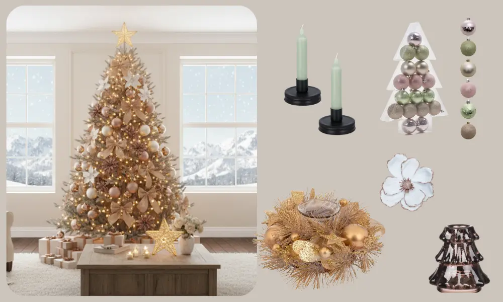 Weihnachtsdekoration im rosa-weißen und grünen Stil